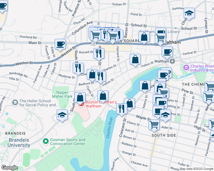 map of restaurants, bars, coffee shops, grocery stores, and more near 124 Prospect Street in Waltham