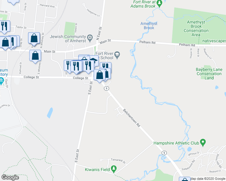 map of restaurants, bars, coffee shops, grocery stores, and more near 76 Belchertown Road in Amherst