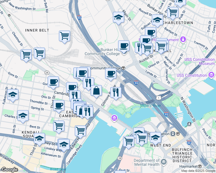 map of restaurants, bars, coffee shops, grocery stores, and more near 20 Child Street in Cambridge