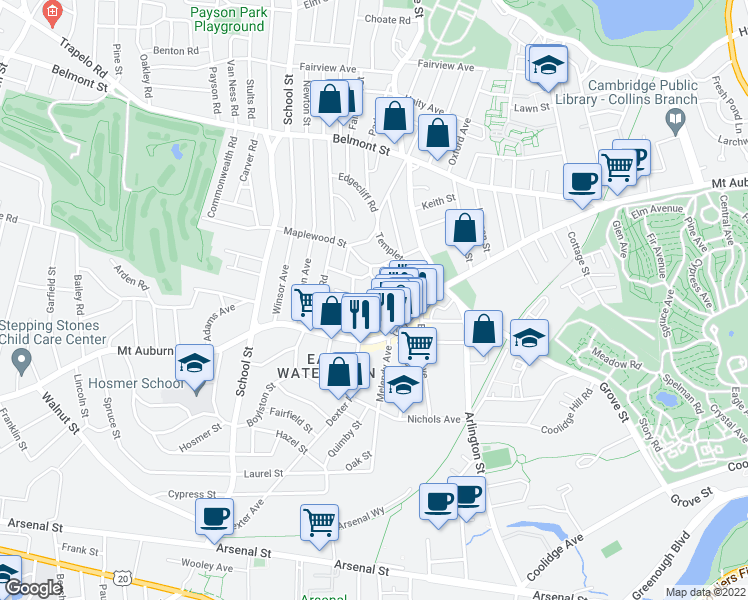 map of restaurants, bars, coffee shops, grocery stores, and more near 57 Clayton Street in Watertown