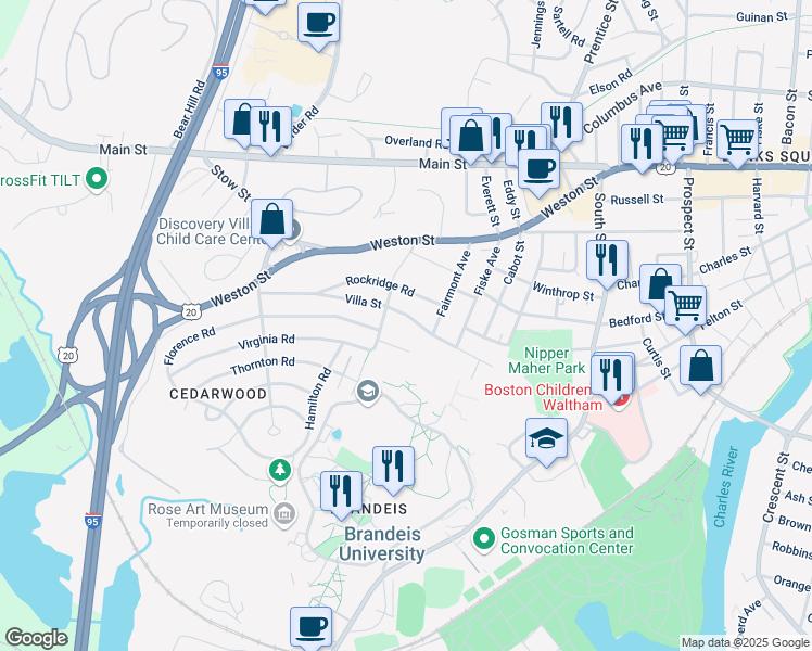 map of restaurants, bars, coffee shops, grocery stores, and more near 122 Villa Street in Waltham