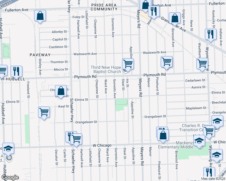 map of restaurants, bars, coffee shops, grocery stores, and more near 11381 Sorrento Avenue in Detroit