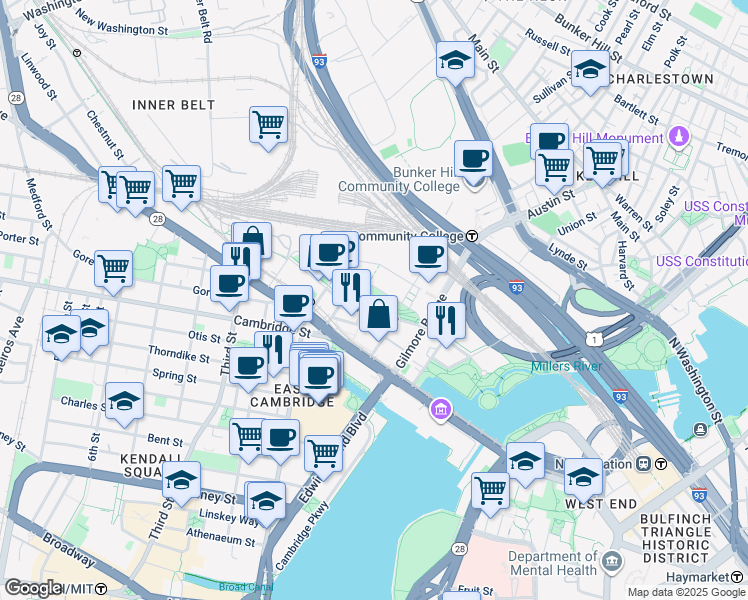 map of restaurants, bars, coffee shops, grocery stores, and more near 320 Morgan Avenue in Cambridge