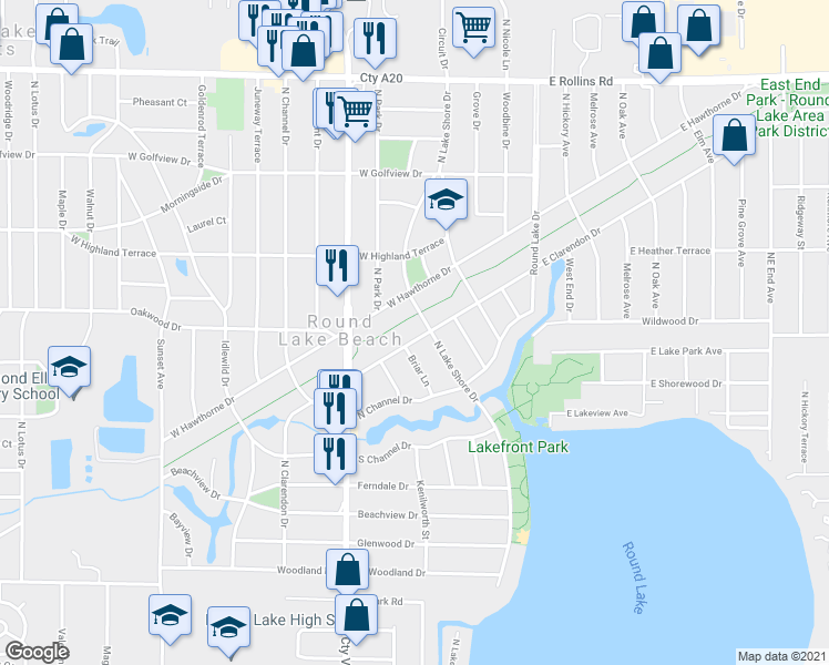 map of restaurants, bars, coffee shops, grocery stores, and more near 134 West Clarendon Drive in Round Lake Beach