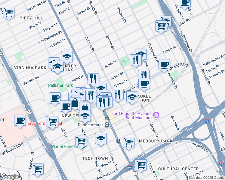 map of restaurants, bars, coffee shops, grocery stores, and more near 180 Horton Street in Detroit