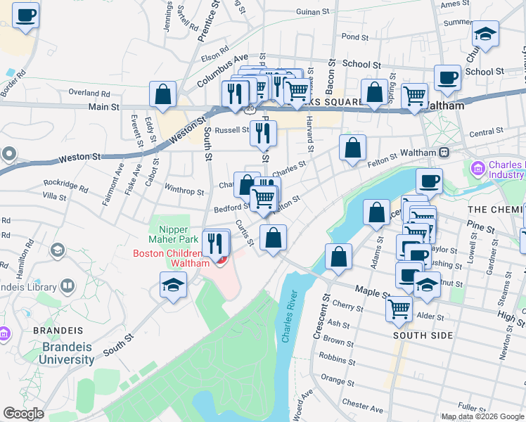 map of restaurants, bars, coffee shops, grocery stores, and more near 11 Bedford Street in Waltham