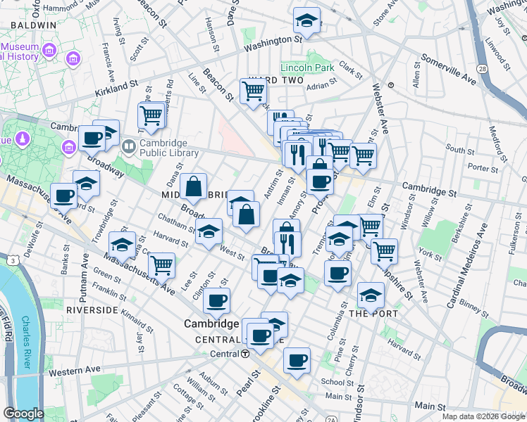 map of restaurants, bars, coffee shops, grocery stores, and more near 62 Antrim Street in Cambridge