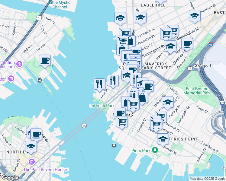 map of restaurants, bars, coffee shops, grocery stores, and more near 72 Liverpool Street in Boston