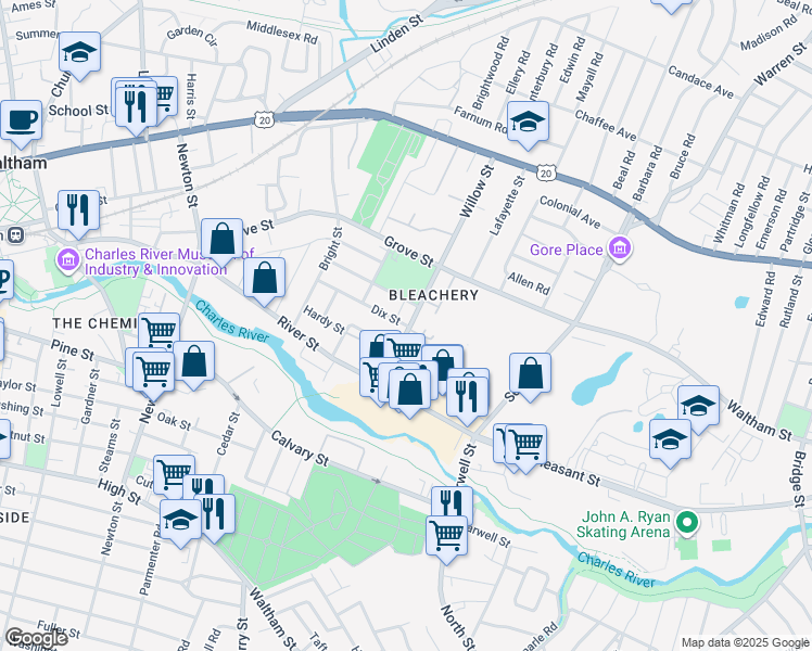 map of restaurants, bars, coffee shops, grocery stores, and more near 4 Dix Street in Waltham