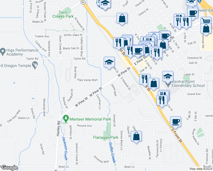 map of restaurants, bars, coffee shops, grocery stores, and more near 345 West Pine Street in Central Point