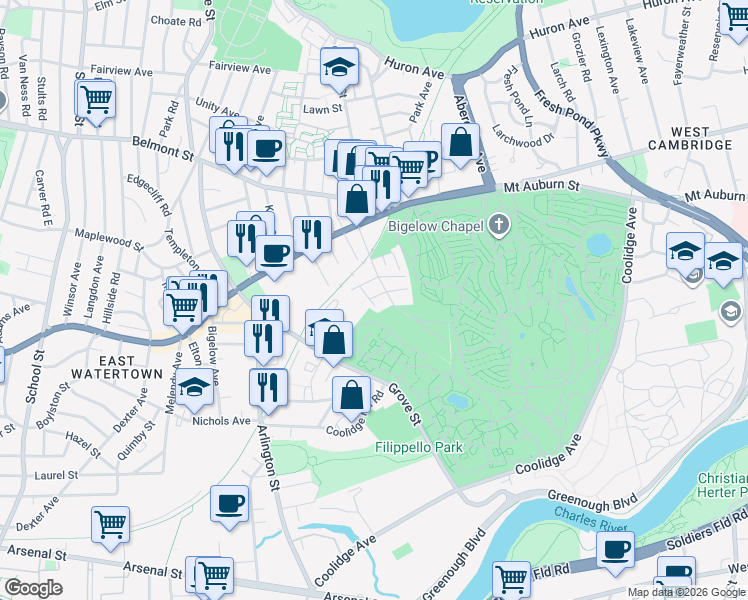 map of restaurants, bars, coffee shops, grocery stores, and more near 8 Cottage Lane in Watertown
