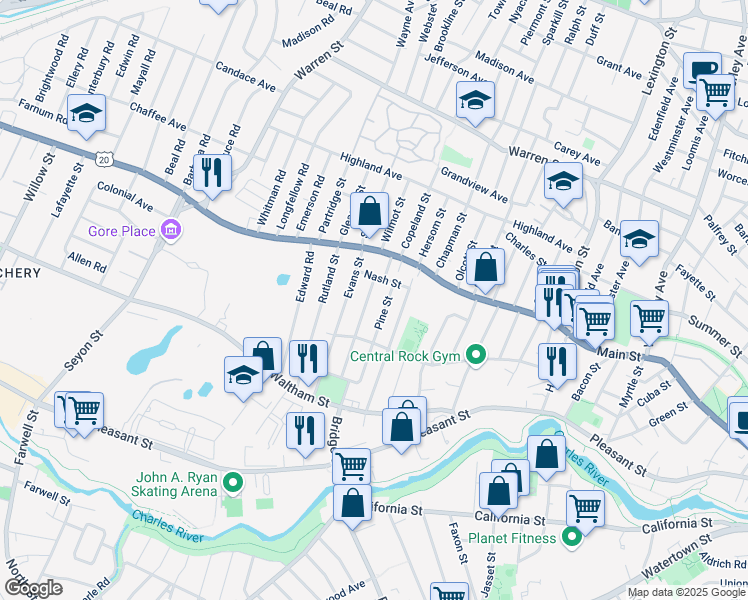 map of restaurants, bars, coffee shops, grocery stores, and more near 13 Bromfield Street in Watertown