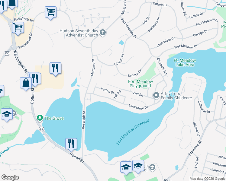 map of restaurants, bars, coffee shops, grocery stores, and more near 36 Hill Road in Marlborough