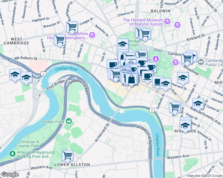 map of restaurants, bars, coffee shops, grocery stores, and more near 975 Memorial Drive in Cambridge