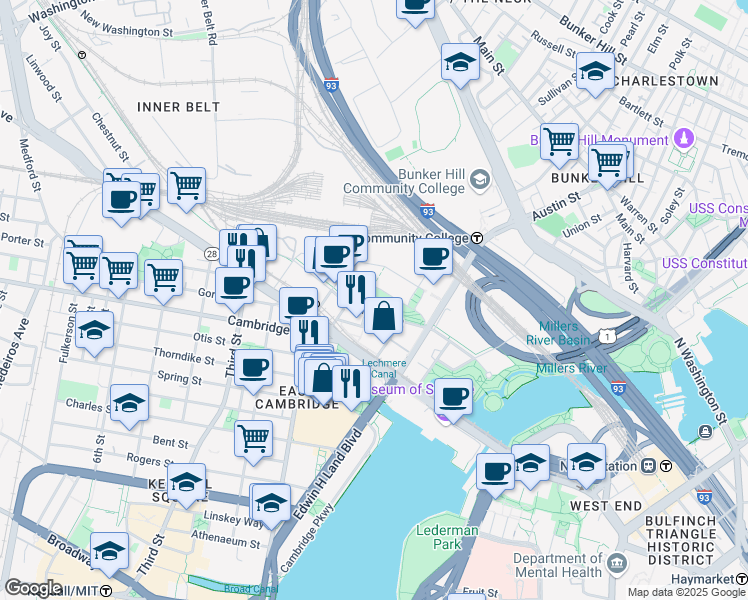 map of restaurants, bars, coffee shops, grocery stores, and more near 320 Morgan Avenue in Cambridge
