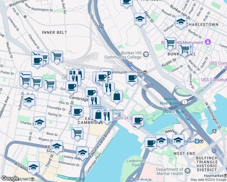 map of restaurants, bars, coffee shops, grocery stores, and more near 320 Morgan Avenue in Cambridge