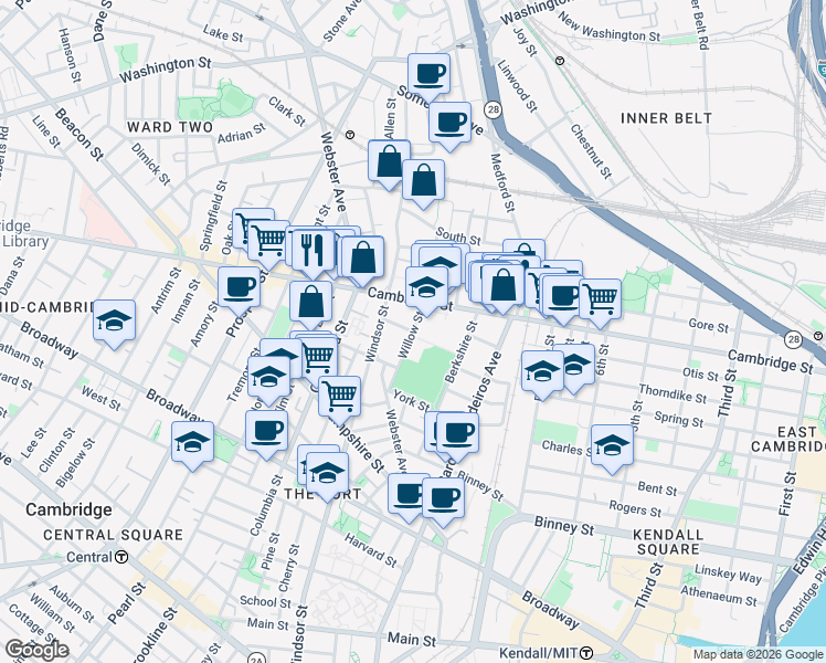 map of restaurants, bars, coffee shops, grocery stores, and more near 1 Palermo Street in Cambridge