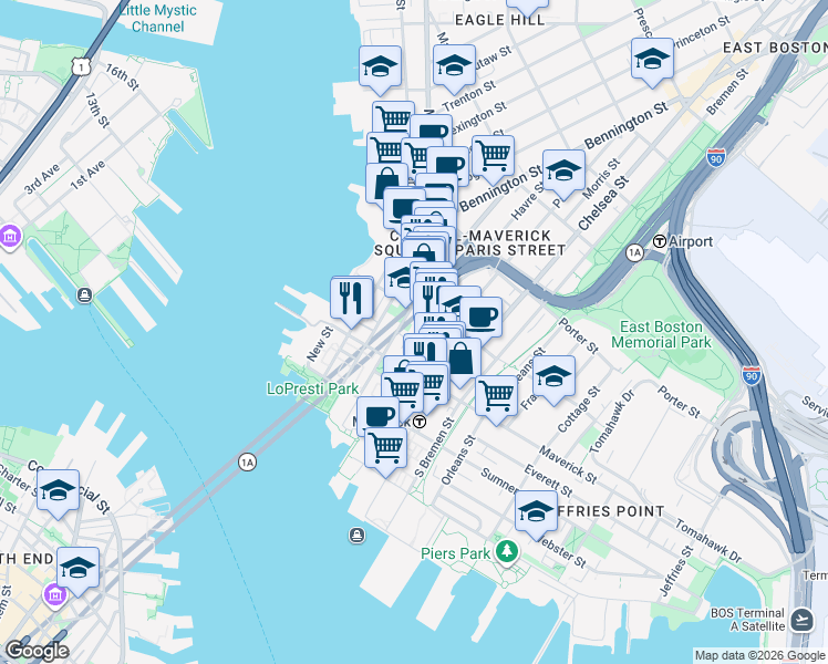 map of restaurants, bars, coffee shops, grocery stores, and more near 89 London Street in Boston