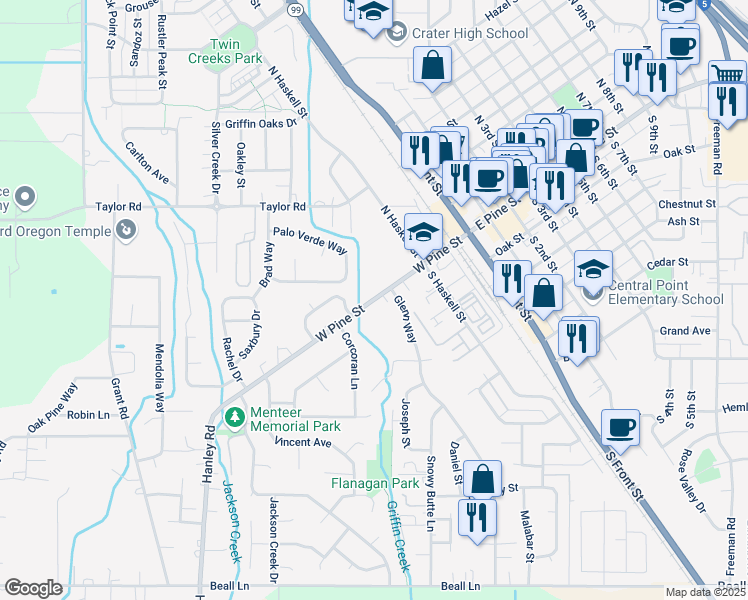 map of restaurants, bars, coffee shops, grocery stores, and more near 310 West Pine Street in Central Point