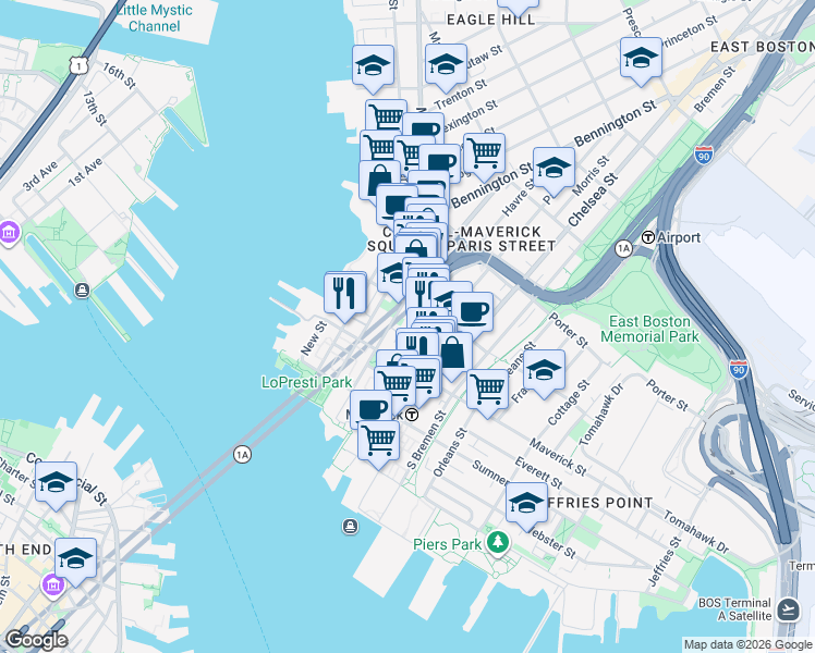 map of restaurants, bars, coffee shops, grocery stores, and more near 89 London Street in Boston