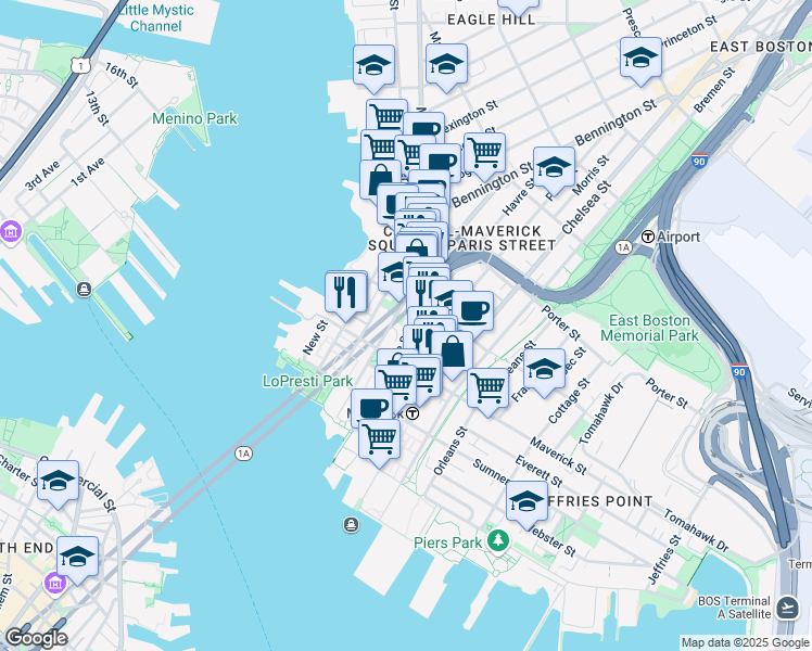 map of restaurants, bars, coffee shops, grocery stores, and more near 89 London Street in Boston