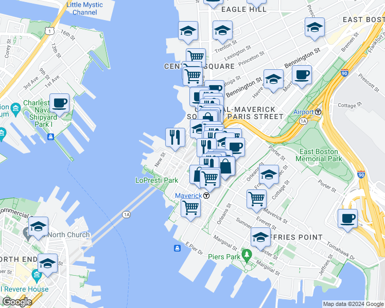 map of restaurants, bars, coffee shops, grocery stores, and more near 89 London Street in Boston