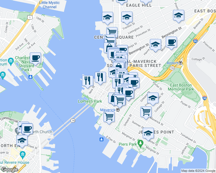 map of restaurants, bars, coffee shops, grocery stores, and more near 72 Liverpool Street in Boston