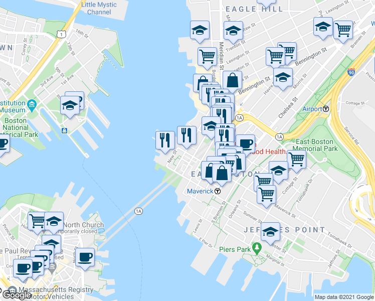 map of restaurants, bars, coffee shops, grocery stores, and more near 72 Liverpool Street in Boston