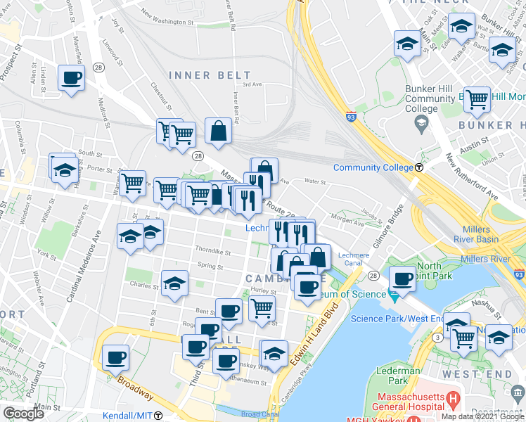 map of restaurants, bars, coffee shops, grocery stores, and more near in Cambridge
