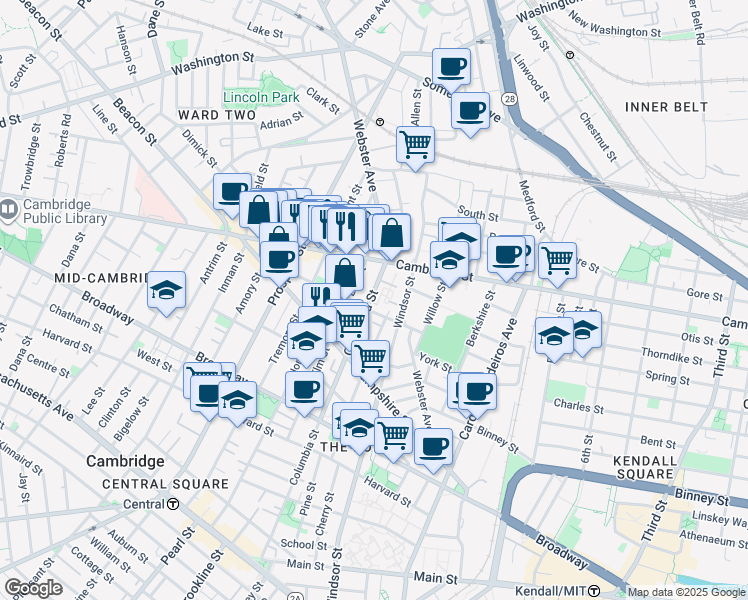 map of restaurants, bars, coffee shops, grocery stores, and more near 361 Columbia Street in Cambridge