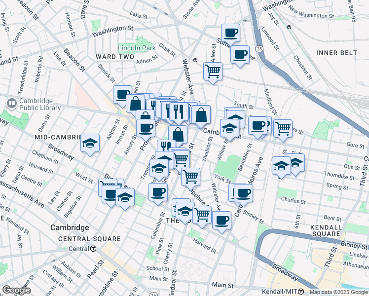map of restaurants, bars, coffee shops, grocery stores, and more near 361 Columbia Street in Cambridge