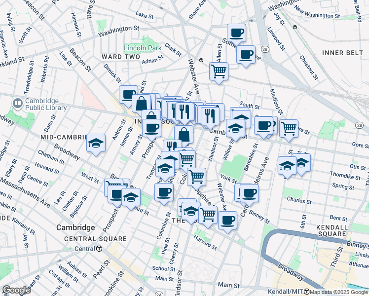 map of restaurants, bars, coffee shops, grocery stores, and more near 361 Columbia Street in Cambridge