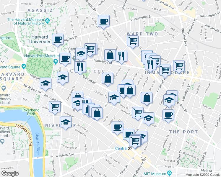 map of restaurants, bars, coffee shops, grocery stores, and more near in Cambridge