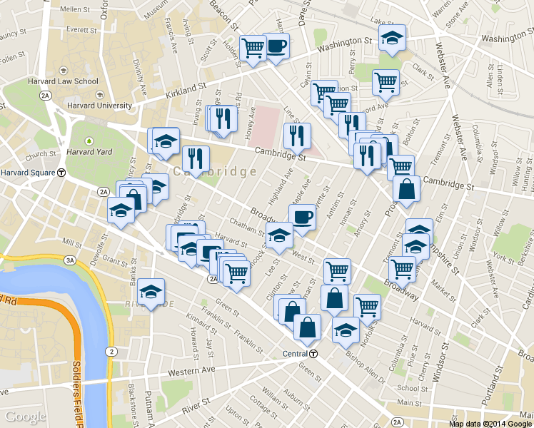 map of restaurants, bars, coffee shops, grocery stores, and more near in Cambridge