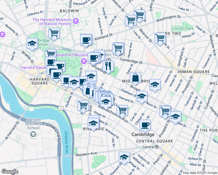 map of restaurants, bars, coffee shops, grocery stores, and more near in Cambridge