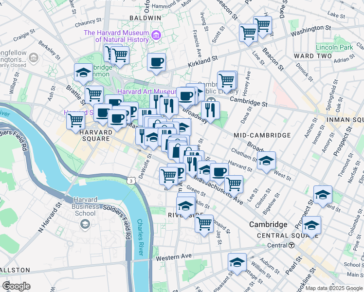 map of restaurants, bars, coffee shops, grocery stores, and more near 400 Harvard Street in Cambridge