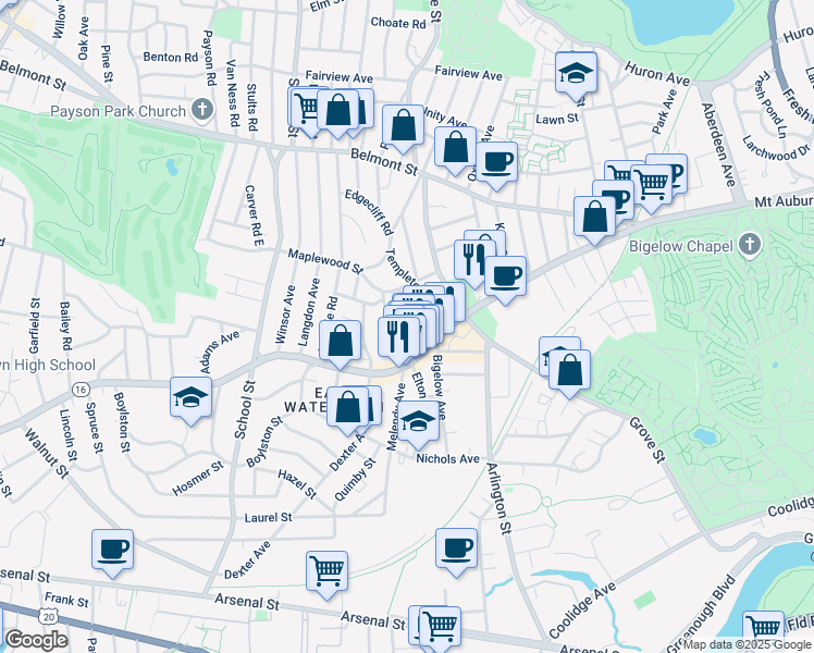 map of restaurants, bars, coffee shops, grocery stores, and more near 22 Kimball Road in Watertown