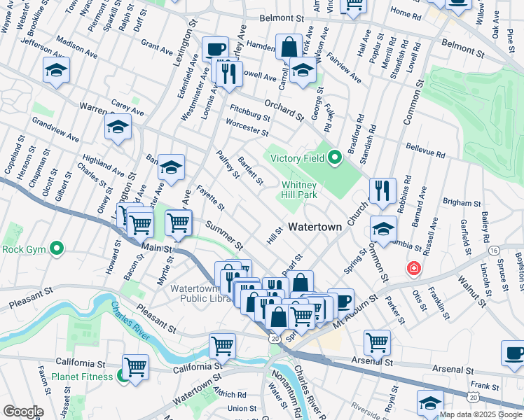 map of restaurants, bars, coffee shops, grocery stores, and more near 173 Palfrey Street in Watertown
