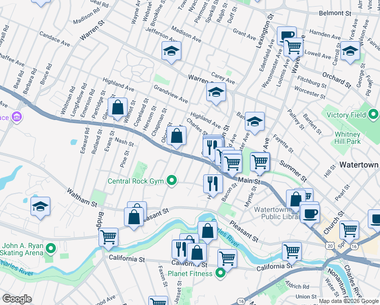 map of restaurants, bars, coffee shops, grocery stores, and more near 9 Prescott Street in Watertown