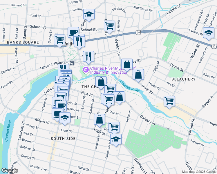 map of restaurants, bars, coffee shops, grocery stores, and more near 29 Mc Kenn Street in Waltham
