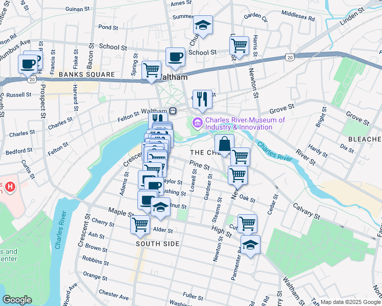 map of restaurants, bars, coffee shops, grocery stores, and more near 9 Cooper Street in Waltham