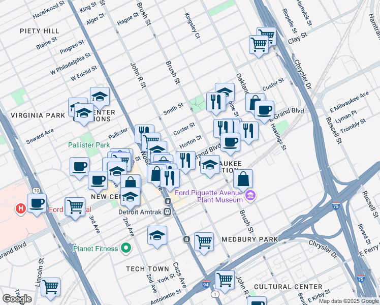 map of restaurants, bars, coffee shops, grocery stores, and more near 3004 East Grand Boulevard in Detroit
