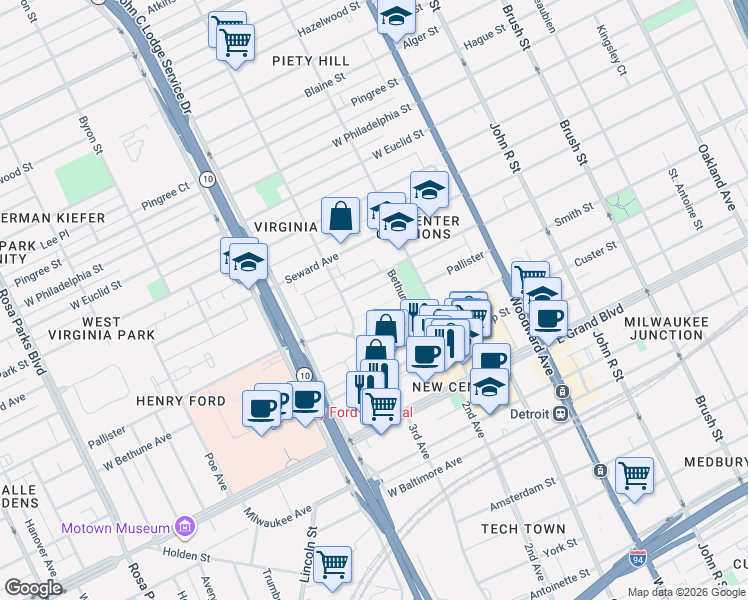 map of restaurants, bars, coffee shops, grocery stores, and more near 707 Delaware Street in Detroit