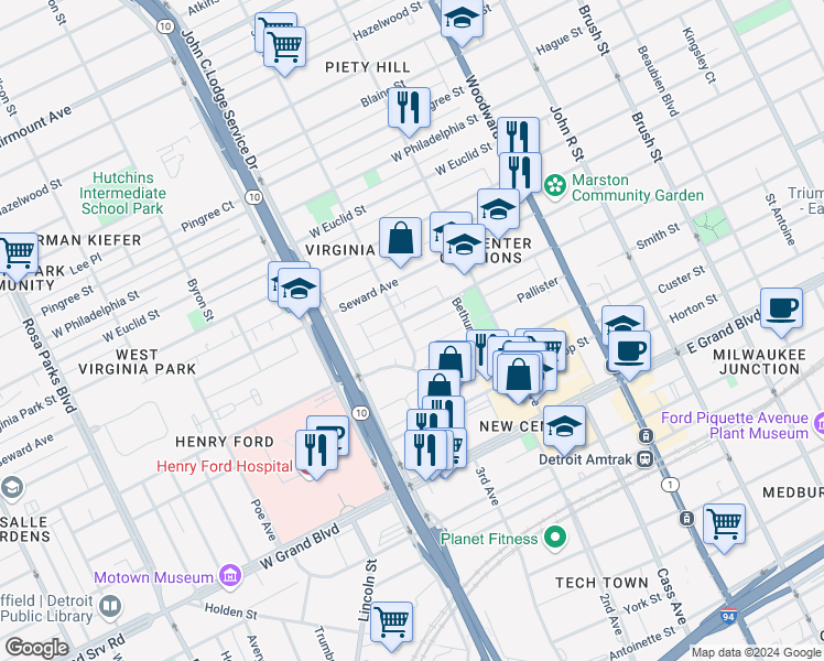 map of restaurants, bars, coffee shops, grocery stores, and more near 8006 3rd Avenue in Detroit