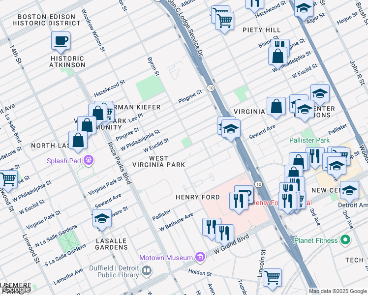 map of restaurants, bars, coffee shops, grocery stores, and more near 1406 Virginia Park Street in Detroit