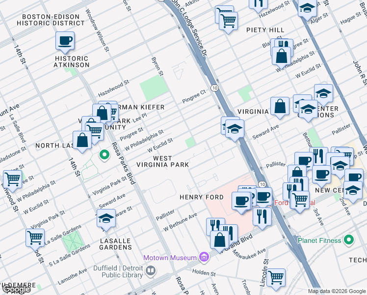 map of restaurants, bars, coffee shops, grocery stores, and more near 1481 West Euclid Street in Detroit