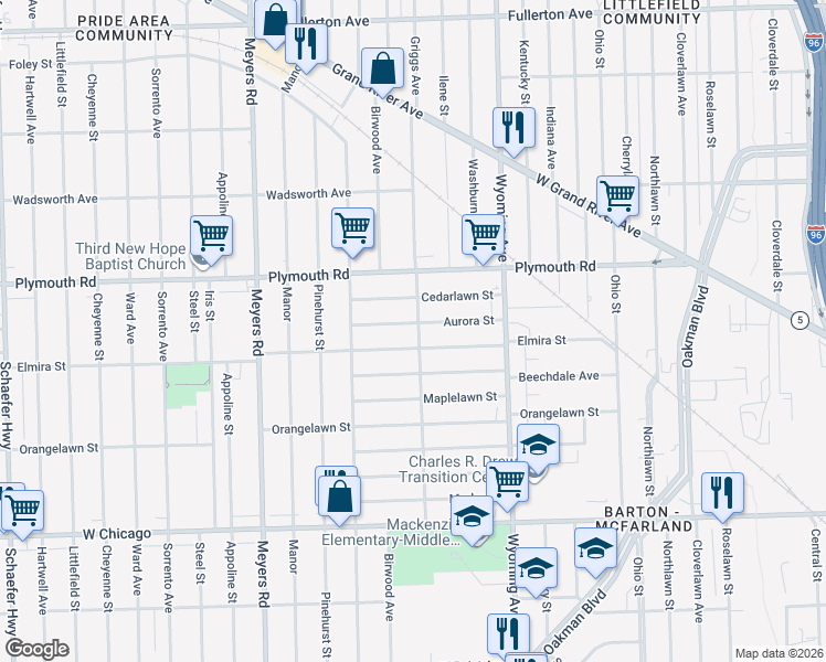 map of restaurants, bars, coffee shops, grocery stores, and more near 10156 Aurora Street in Detroit