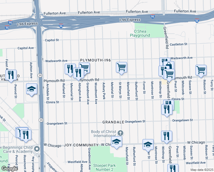 map of restaurants, bars, coffee shops, grocery stores, and more near 16325 Plymouth Road in Detroit