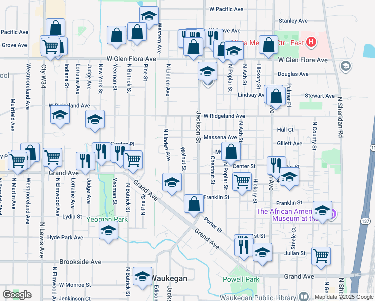 map of restaurants, bars, coffee shops, grocery stores, and more near 771 Walnut Street in Waukegan