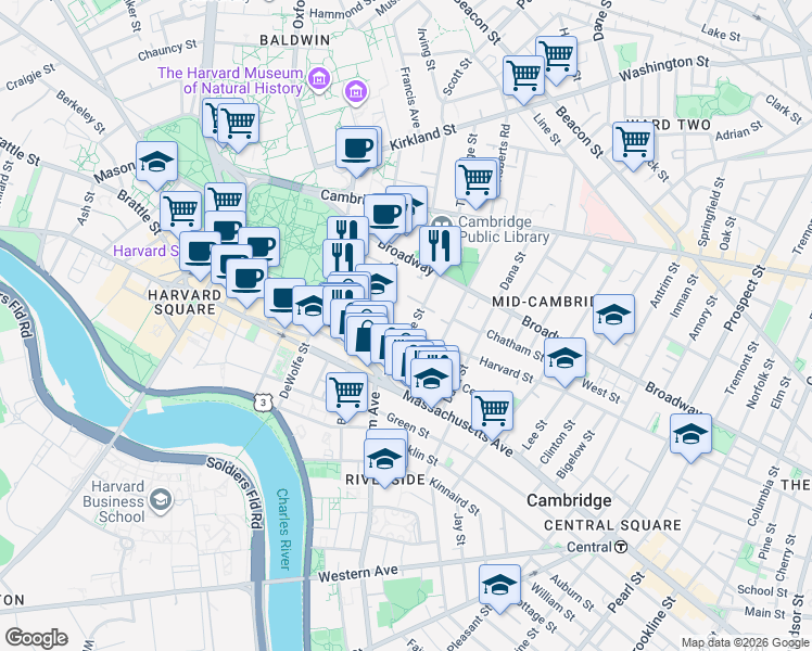 map of restaurants, bars, coffee shops, grocery stores, and more near 4 Trowbridge Place in Cambridge